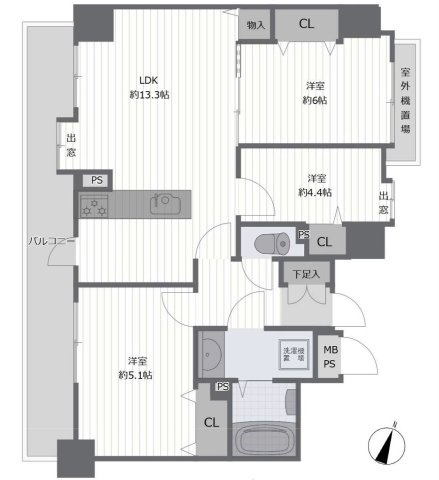 ライオンズマンション浦和ガーデンの間取り|3LDK（専有面積63.71㎡・バルコニー面積8.90㎡）の機能的な間取図です。全居室洋室・収納完備のレイアウトで、水まわり設備やクロス・床材も刷新され、使い勝手の良い快適な住環境を実現しています。