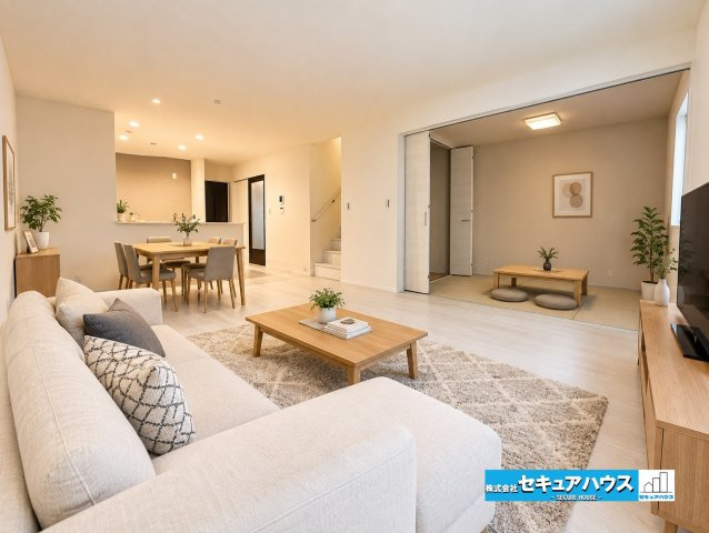 【今からご案内可能】知多市新舞子字神田　全2棟の居間・リビング|【LDK】※家具はイメージになります。
◆日当たりが良く温かい広々リビングは家族の団らんスペースになります。