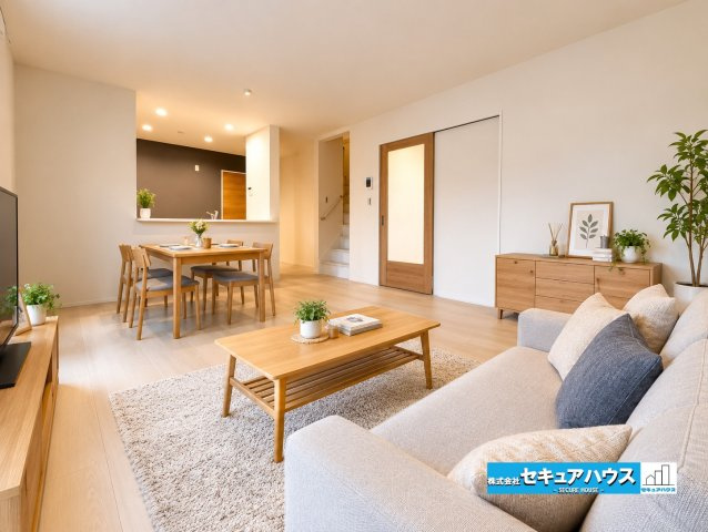 【今からご案内可能】知多市新舞子字神田　全2棟の居間・リビング|【LDK】※家具はイメージになります。
◆日当たりが良く温かい広々リビングは家族の団らんスペースになります。