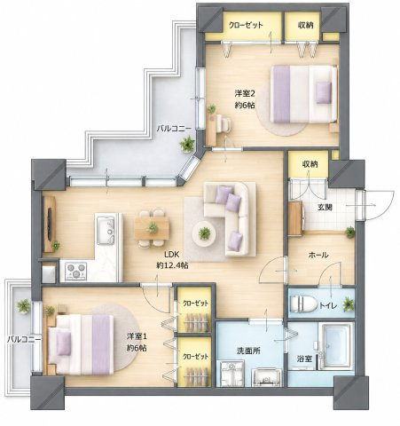 【間取り】 | ロワールマンション野間☆仲介手数料無料☆ | ※本図に表示されている家具・家電・照明・インテリア・観葉植物等は、AIによる配置イメージです。実際には設置されておらず、売買対象にも含まれません。図面と現況が相違する場合は、現況を優先いたします。