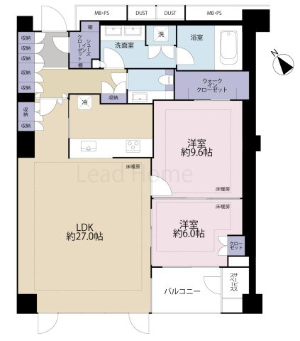 【間取り】 | プラウド六本木 | 約27.0帖の広々としたLDK！大型のソファーやダイニングテーブルを置いても余裕がありますね♪