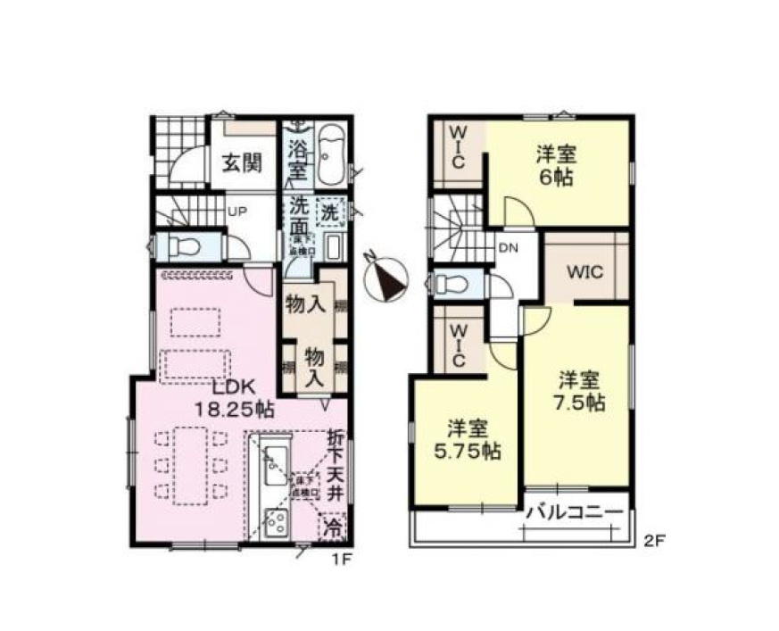 春日市弥生4丁目第1-2棟（1号棟）　の間取り|全居室収納付きで便利です。