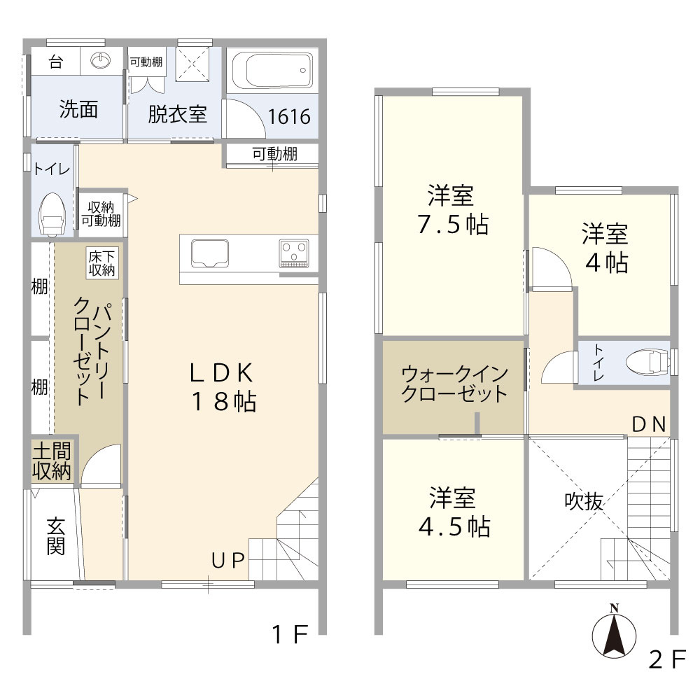 天理市別所町中古戸建の間取り|広々LDK18帖＆吹抜で開放感あふれる3LDK。玄関からパントリー・洗面へ抜ける回遊動線や、独立した脱衣室など、暮らしやすさにこだわった間取り設計です。