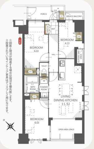 グランシティ新小岩２の間取り|3LDK 専有面積62.60m2 バルコニー面積6.8m2
開放的なオープンエアスペースや、玄関ポーチ、トランクルームなど、ゆとりある設計が魅力！プライベート空間をしっかり確保できる間取りです。