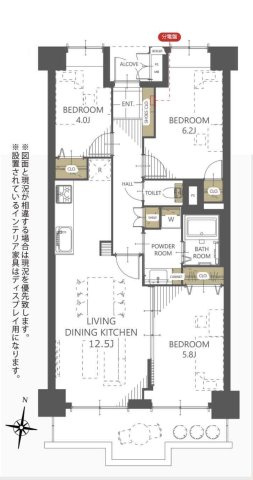 ライオンズプラザ大宮の間取り|3LDK 専有面積66.94m2 バルコニー面積8.43m2
各居室に収納を備えています。玄関前には独立感を高めるアルコーブ（共用廊下から少し奥まったスペース）があり、プライバシーにも配慮されています