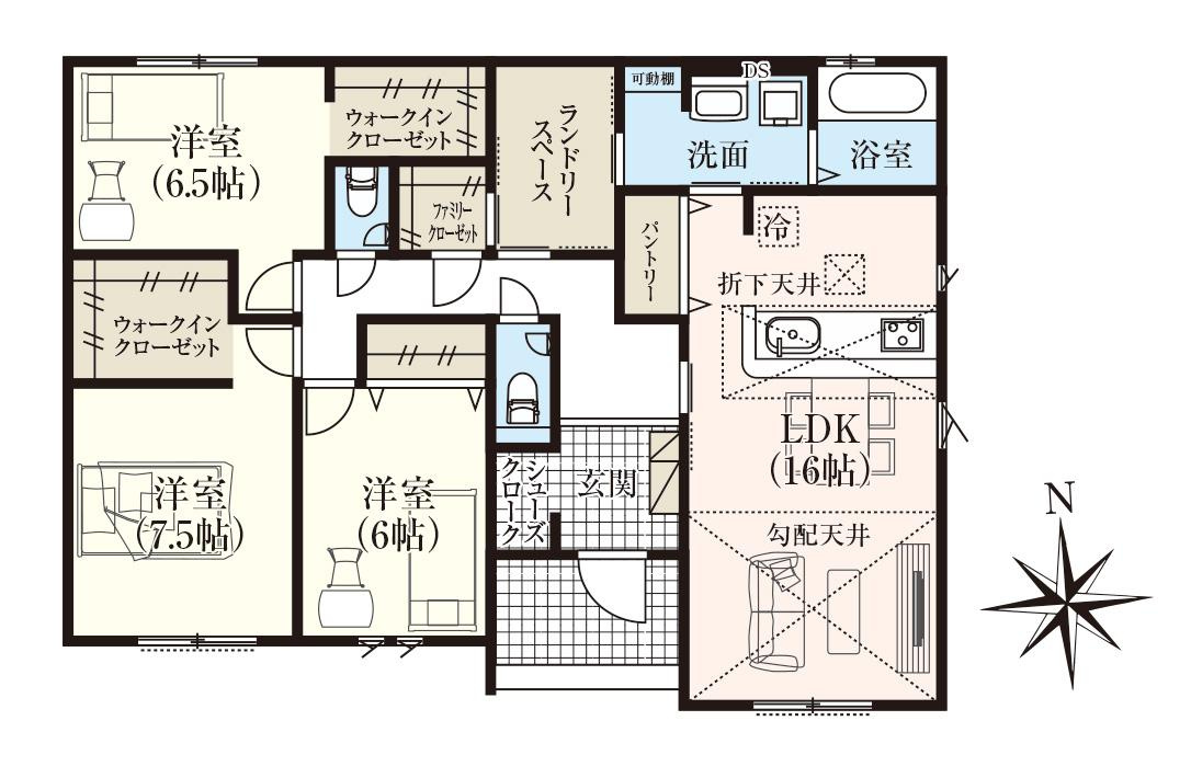 香南市野市町みどり野３丁目　新築戸建【平屋】　2期1棟1　の間取り|3LDK+ランドリースペース+FC+WIC×2＋SC+パントリー　
建物面積　101.94㎡（約30.83坪）
※ポーチ部分」1.74㎡含