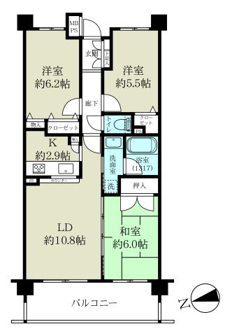 グーディッシュ村上の間取り|専有面積:66.74㎡、バルコニー面積10.80㎡