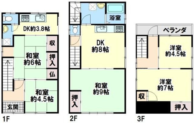 都由乃町3丁目の間取り|1・2階にキッチン・洗面・トイレが有ります