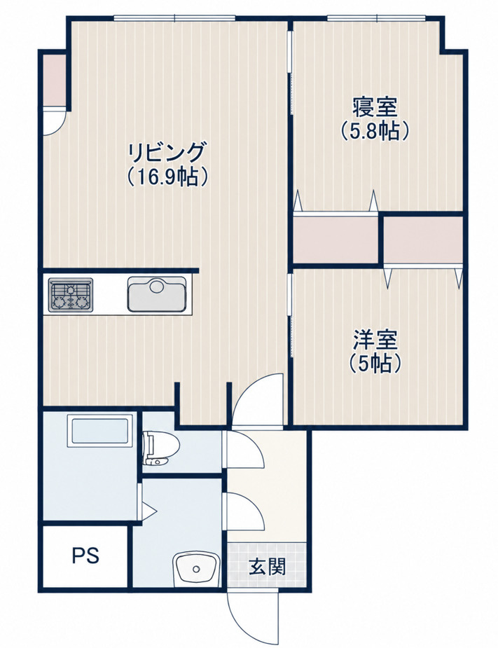 サングレイス高峰の間取り|ゆとりある2LDKの間取り！ご家族での暮らしはもちろん、在宅ワークや趣味のお部屋にも活用できます♪
