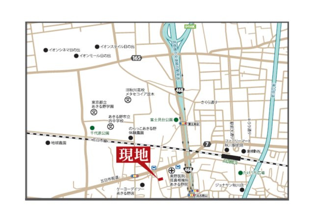 あきる野7期の地図|五日市街道から曲がったところの物件です。日の出インターもすぐそばなので車を使う方には便利です。