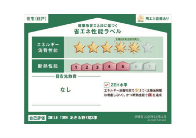 あきる野7期の省エネ性能ラベル|省エネ性能を表示する「省エネ性能ラベル」を取得。ZEH水準をクリアした環境と家計に優しい住まいです。