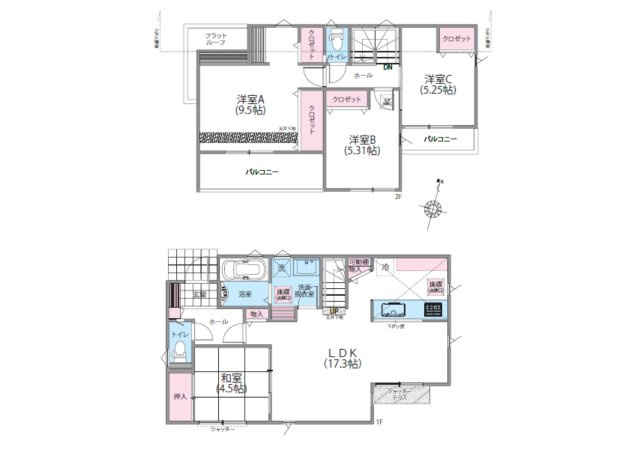 あきる野7期の間取り|4LDK　2階は小さい部屋でも5.25帖と、スペースにゆとりがあります。また主寝室のワークデスクが印象的です。