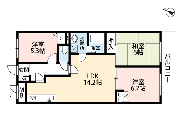 ビバリーハウス青谷壱番館の間取り|68.97㎡の3LDKです。