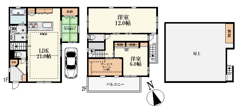２SＬＤＫ＋ＤＥＮ＋１１０㎡超のルーフバルコニー付き邸宅（３SＬＤＫ可）の間取り|★収納豊富♪南向き１１２平米の駐車場付き戸建♪屋上利用可能です★
