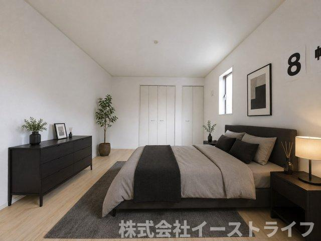 【新築戸建】　いわき市平豊間第9　全2棟の寝室|2号棟の寝室に家具を配置したイメージ画像です
※本画像はCGで作成しており、実際に現地に 家具は置かれておりません。また、価格に 家具は含まれておりません。