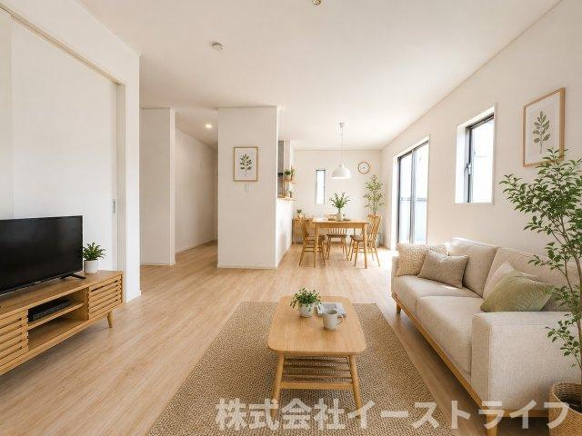 【新築戸建】　いわき市平豊間第9　全2棟の居間・リビング|2号棟のLDKに家具を配置したイメージ画像です。
※本画像はCGで作成しており、実際に現地に 家具は置かれておりません。また、価格に 家具は含まれておりません。