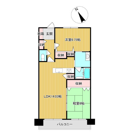 高知市南宝永町アルファステイツ宝永町桜館　中古マンションの間取り|対面キッチンやリビング横の和室がおすすめポイント。おひとり、カップル、ご家族にも対応可能な2ＬＤＫです。