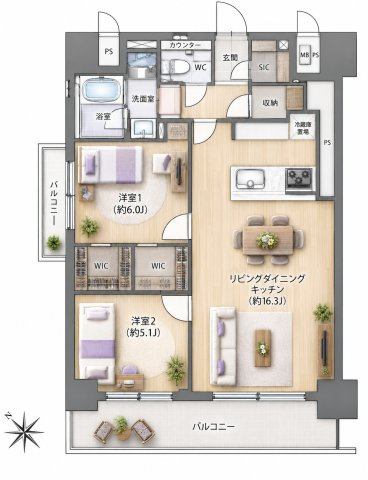 【間取り】 | ロマネスク西新☆仲介手数料無料☆ | ※本図に表示されている家具・家電・照明・インテリア・観葉植物等は、AIによる配置イメージです。実際には設置されておらず、売買対象にも含まれません。図面と現況が相違する場合は、現況を優先いたします。