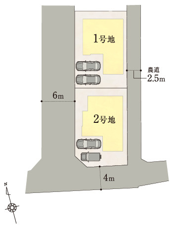 「耐震等級3×断熱等級5クリア」高知市一宮東町1丁目　2号地新築一戸建ての区画図|南・東側に開けた開放的な配棟！車2台駐車可能で、前面道路6mにつき運転が苦手な方も安心です◎