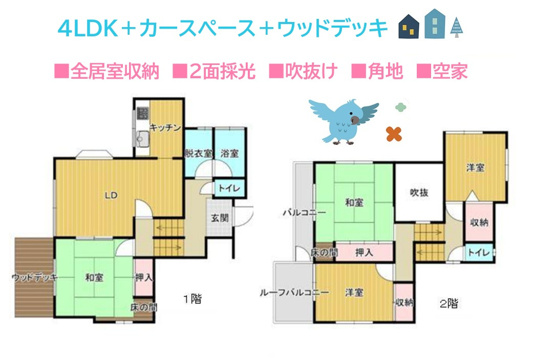 平塚市真田4丁目　中古戸建　40.91坪の間取り|ウッドデッキ付ファミリーにもぴったりなゆとりある４LDK◎　
ご家族それぞれの居室を確保しながら、収納スペースも備えています！