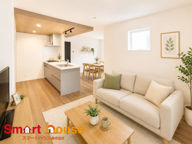 町田市小山町全2棟の居間・リビング|【内観モデル写真】リビングは一番居心地のいいものであって欲しいですね。開放感のある広々リビングに光と風を呼び込みます。