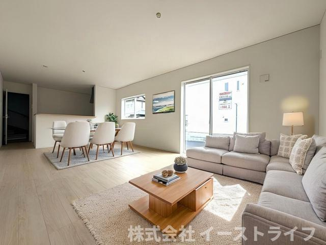 【新築戸建】いわき市中岡町第7の居間・リビング|1号棟のLDKに家具を配置したイメージ画像です。
※本画像はCGで作成しており、実際に現地に 家具は置かれておりません。また、価格に 家具は含まれておりません。