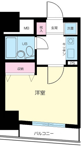 メインステージ蒲田Ⅱの間取り|南向きバルコニーの1K6帖