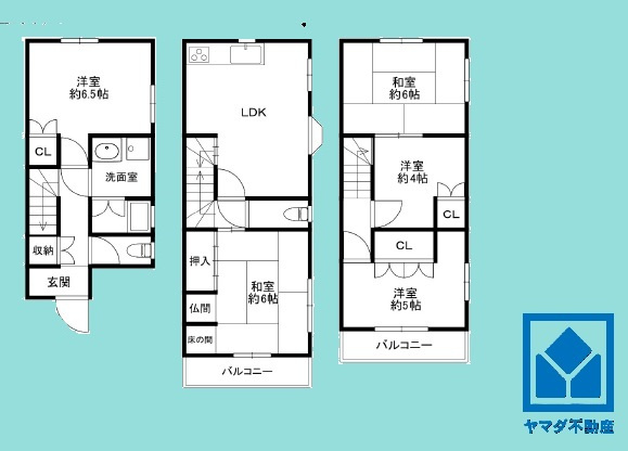 尼崎市栗山町の間取り|4LDK、土地面積55.87平米、建物面積106.92平米、木・鉄筋コンクリート造スレート葺3階建。