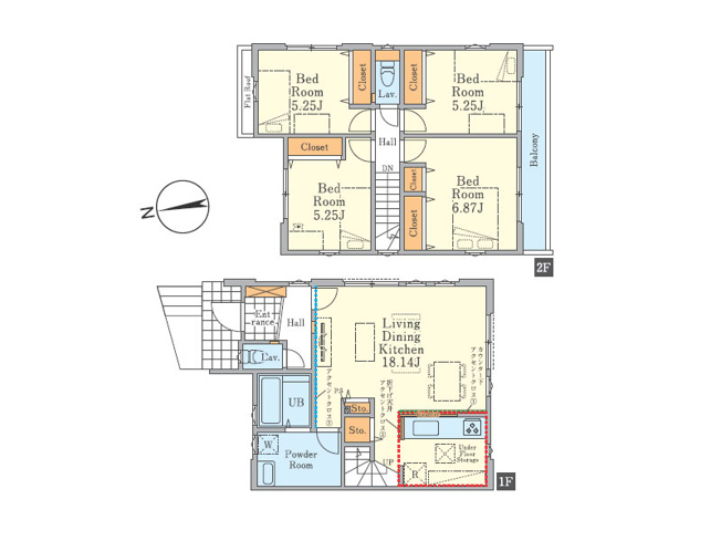 【間取り】 | 東久留米市浅間町2丁目　新築一戸建住宅　全3棟　(保谷店) | 1号棟/全居室に収納完備したゆとりの4LDK。LDKは広々18.1帖、アクセントクロスを採用しお洒落な空間に仕上がります。※図面を基に作成しています。現況と異なる場合は現況を優先いたします。