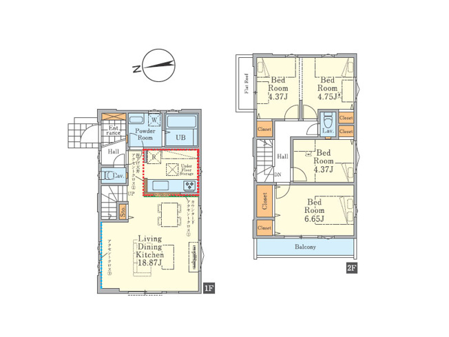 【間取り】 | 東久留米市浅間町2丁目　新築一戸建住宅　全3棟　(保谷店) | 2号棟/家事便利な水回り集中設計の住まい。LDKは広々18.8帖、アクセントクロスを採用しお洒落な空間に仕上がります。※図面を基に作成しています。現況と異なる場合は現況を優先いたします。