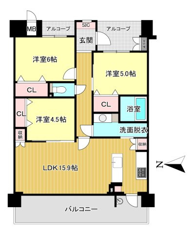 ルイシャトレ・シェソワ五位堂の間取り|3LDK　専有面積:72.25ｍ2　バルコニー面積:15.01ｍ2
