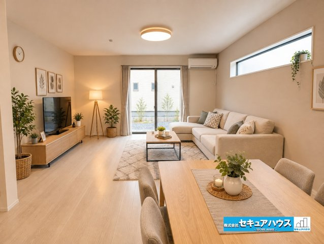 【本日ご案内可能】知多市新舞子字神田　全6棟の居間・リビング|【LDKイメージ】
※家具はイメージです。
◆日当たりが良く温かい広々リビングは家族の団らんスペースになります。