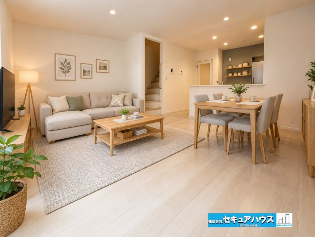 【本日ご案内可能】知多市新舞子字神田　全6棟の居間・リビング|【LDKイメージ】
※家具はイメージです。
◆日当たりが良く温かい広々リビングは家族の団らんスペースになります。