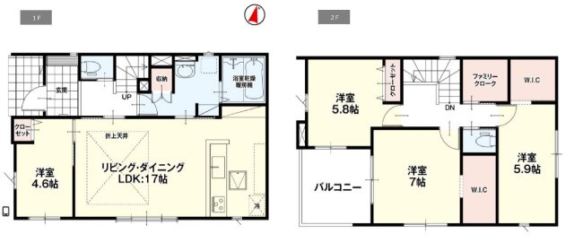新築　高崎市栗崎町1期　１号棟の間取り|建物面積107.22㎡　全居室南向き♪ファミリークローク・ウォークインクローゼット・各部屋収納付きで便利です！日当たりの良いバルコニーはお洗濯物もよく乾きそうです◎
						
