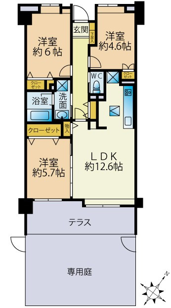 春日原パークホームズの間取り|3LDK+、価格2580万円、専有面積65.04㎡、専用庭面積26.66㎡ 