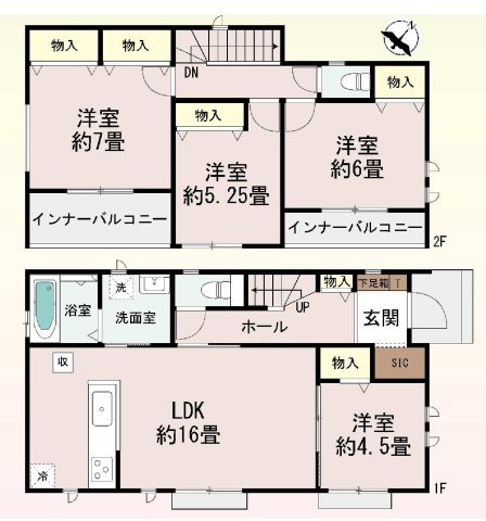 新築　前橋市山王町１丁目　Heartful　Town　A号棟の間取り|建物面積96.88㎡　全居室南向き♪シューズインクローク・各部屋収納付きで便利です！インナーバルコニーなので急な雨でもお洗濯物も安心です。