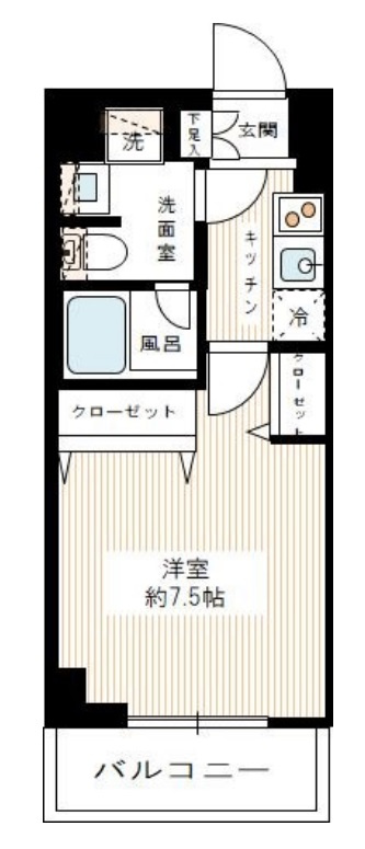 REALIZEレアライズ蒲田Ⅱの間取り|間取り　1K洋室7.5帖バストイレ別独立洗面台付！インターネット無料