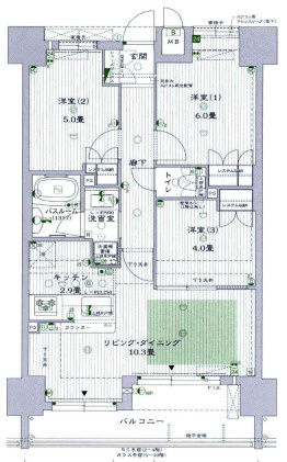 アークレジデンス梅田北の間取り|専有面積：60.12㎡・3LDK・ベランダ南向き（8.75㎡）
