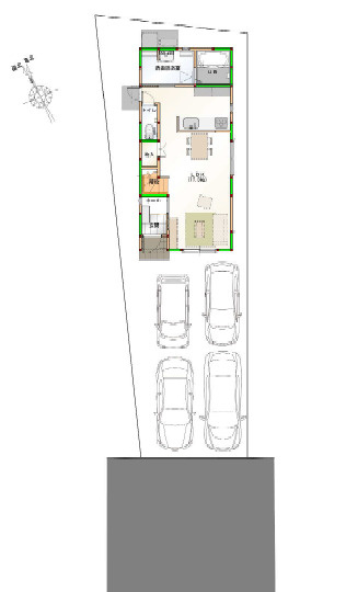 「駅近くの南向き住まい」高知市役知町　新築建売1の区画図|前道アクセス良好！複数台の駐車が可能なゆとりある敷地レイアウトです♪