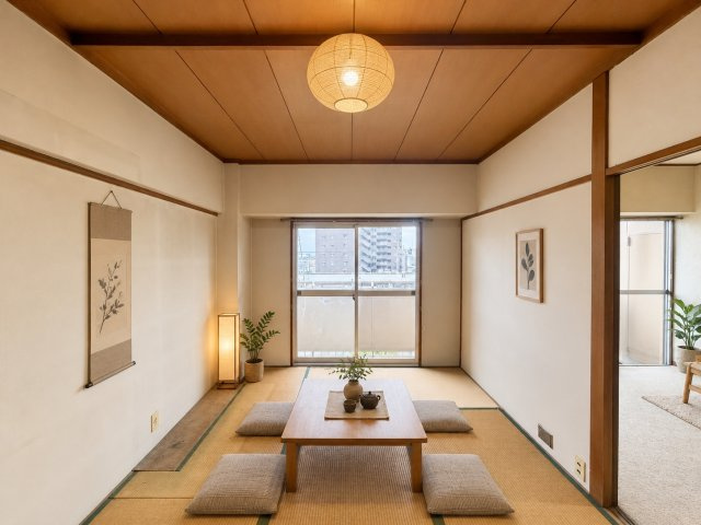 八戸ノ里グランドマンションB棟の居間・リビング|隣接する和室とつながりを持たせた空間。扉を開ければ一体感のある広々としたスペースとして使え、来客時や家族団らんなどシーンに合わせて使い分けできます。