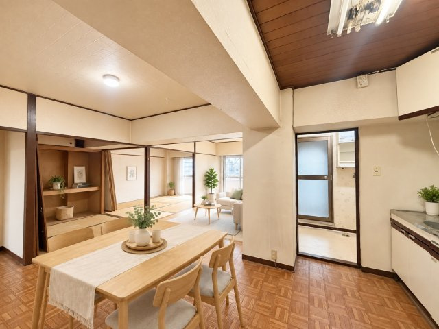 八戸ノ里グランドマンションB棟の居間・リビング|ダイニングとリビングをゆったり使い分けられる広さ。キッチンから居室全体を見渡しやすく、ご家族で過ごす空間をイメージしやすい間取りです。