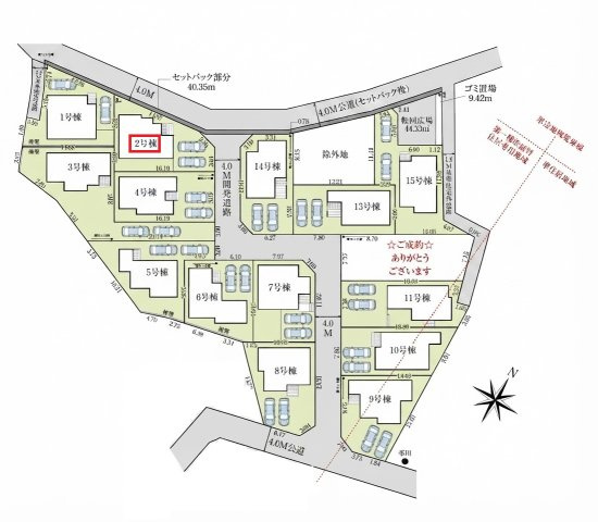 入間市高倉5丁目・全15棟　新築一戸建　2号棟の区画図|【全15棟・2号棟】
並列駐車2台可、日当たり・通風良好な北東角地です。