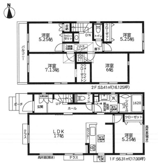 【間取り】 | 大和市渋谷5丁目  2号棟 2期 | 5LDK+屋根裏収納　都市ガス　網戸標準仕様　シャッター8箇所付　玄関ドアFamiLock　浴室乾燥機+窓・浴室TV　UB1.25坪　食洗器・浄水器　セカンド洗面　室内物干し　WIC　LDK17帖