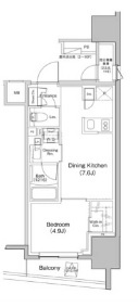 ザ・パークハビオ大森町の間取り|北西向きバルコニーカウンターキッチンの1DK
