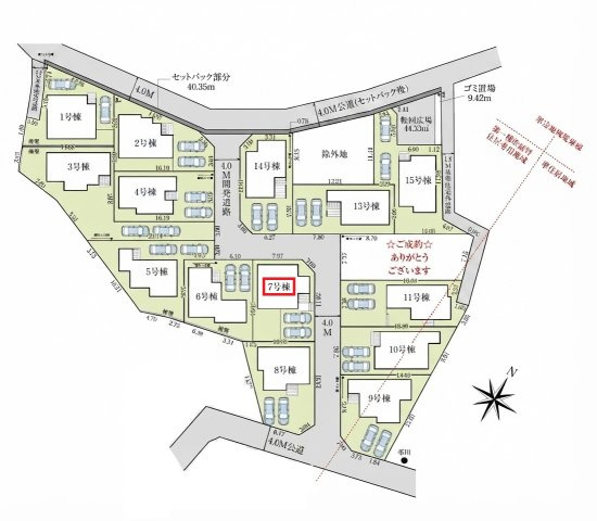 入間市高倉5丁目・全15棟　新築一戸建　7号棟の区画図|【全15棟・7号棟】
並列駐車2台可、日当たり・通風良好な北東角地です。
