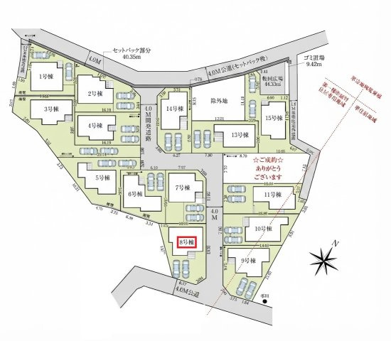 入間市高倉5丁目・全15棟　新築一戸建　8号棟の区画図|【全15棟・8号棟】
並列駐車2台可、日当たり・通風良好な南東角地です。