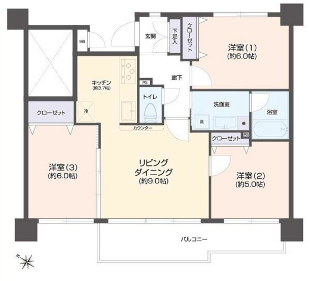 【間取り】 | マイキャッスル淵野辺スクエア | 3LDKは、リビングダイニングキッチンと3つの居室がある間取り。ファミリー層に非常に人気の高い間取りで、広々としたリビングで家族団らんを楽しみ、個室でプライベートな時間も確保できるのが大きな魅力です。