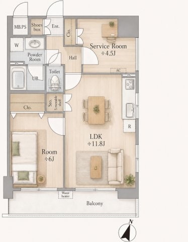 セントラル伊勢佐木西の間取り|1SLDK、価格3480万円、専有面積50.02m2、バルコニー面積7.58m2  【LDK　11.8帖】 【洋室  6.0帖】【サービスルーム　4.5帖】