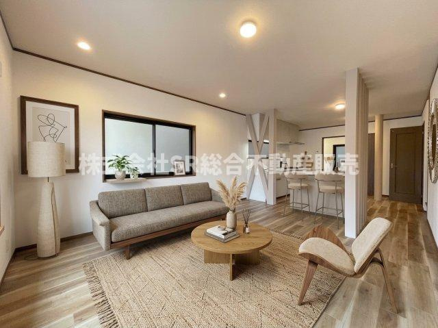 鴻池町1丁目中古戸建の居間・リビング|2F　20帖。ご家族と毎日顔を合わせられる造りでゆったりとお過ごしいただける空間です！（インテリアはAIイメージ）