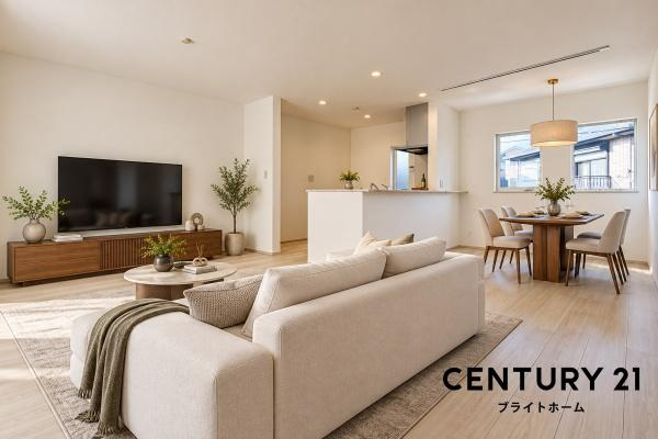 横浜市港南区港南１丁目の新築一戸建の居間・リビング|自慢したくなるリビング！
形も良く家具の配置にも困りません。
※家具等はCGでの参考レイアウトです。